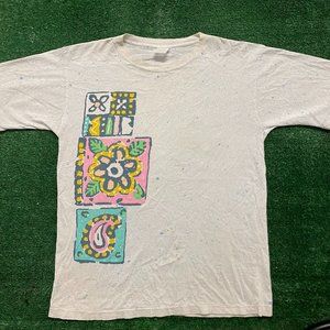 Vintage 80s Floral Painting T-Shirt Single Stitch Boxy Cute Boho Surf Hawaii L